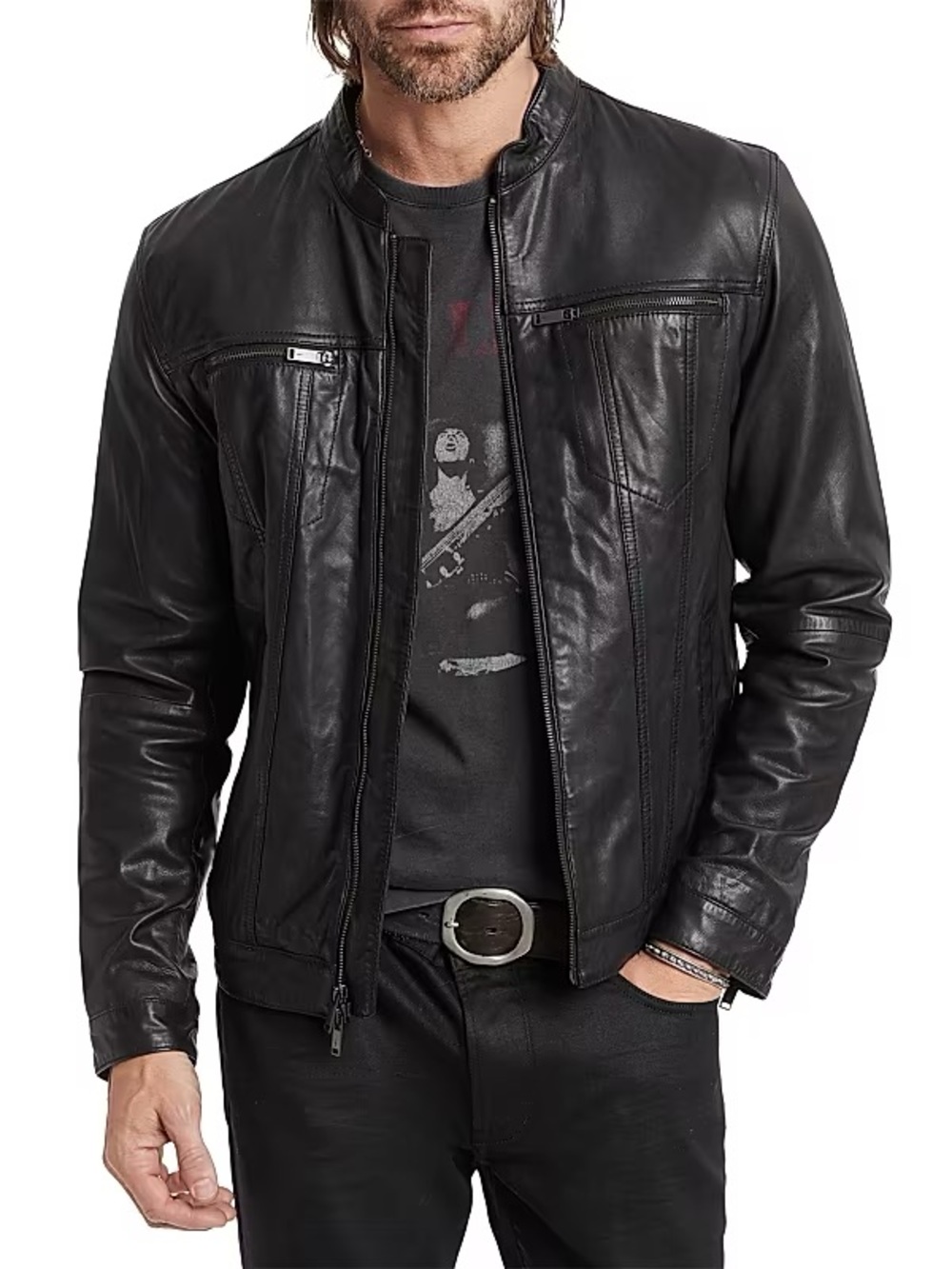 John Varvatos leather jacket  a distinct band collar and rich buttery leather.